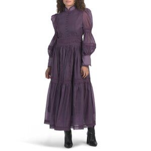 DALIA MACPHEE Purple Long Sleeve Mock Neck Trim Maxi Dress